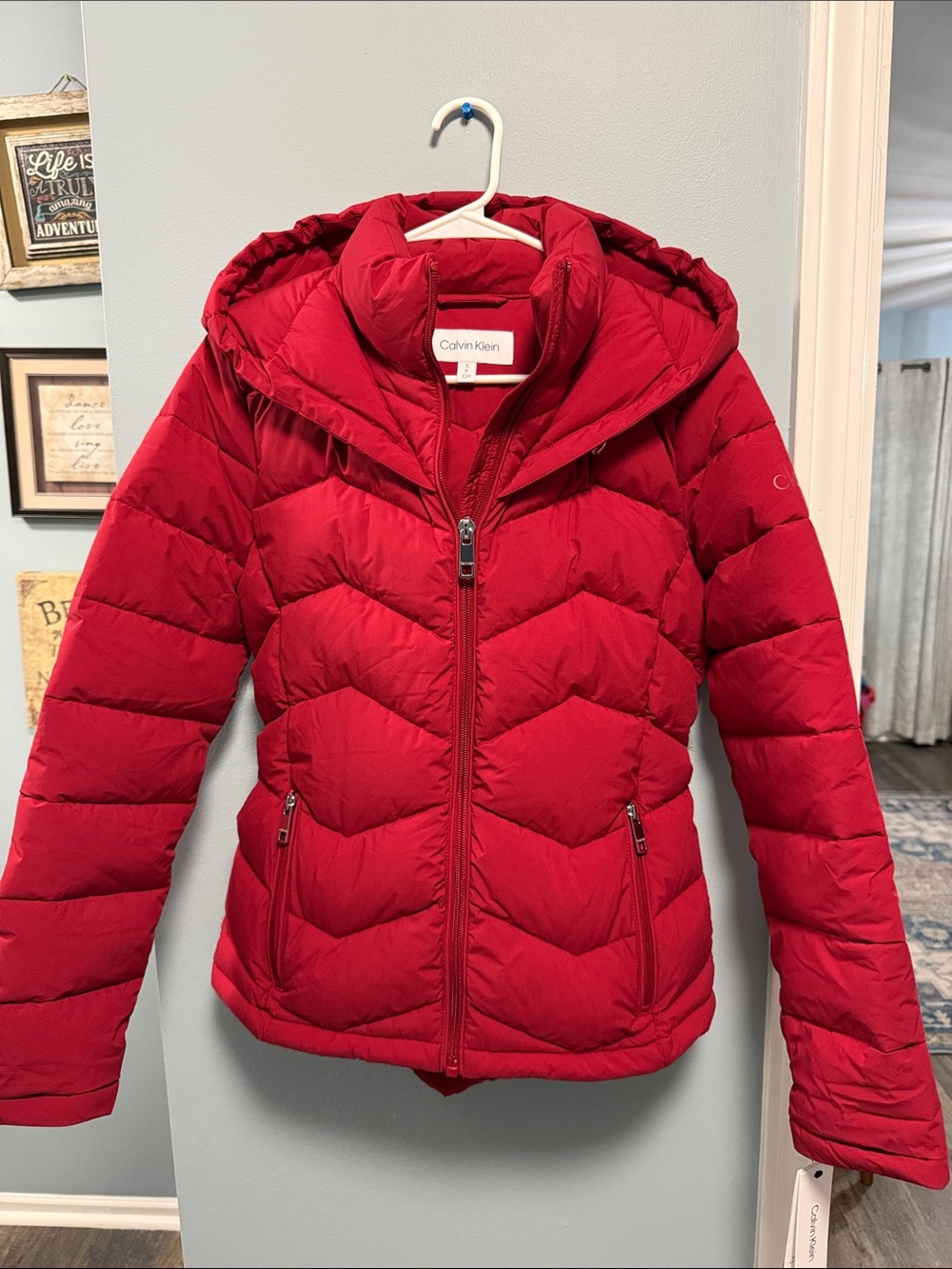 Calvin Klein Hooded Quilted Puffer Jacket in red
